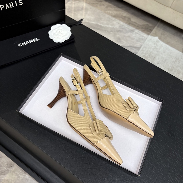 Beige Pointed Toe Slingback Pumps With Bow And Heel