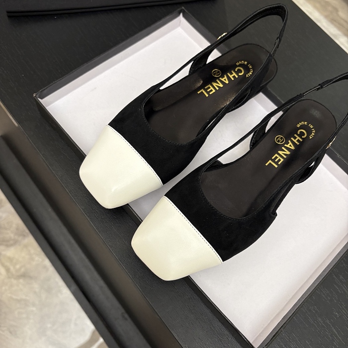 Black Suede Square Toe Slingback Pumps With White Cap Toe