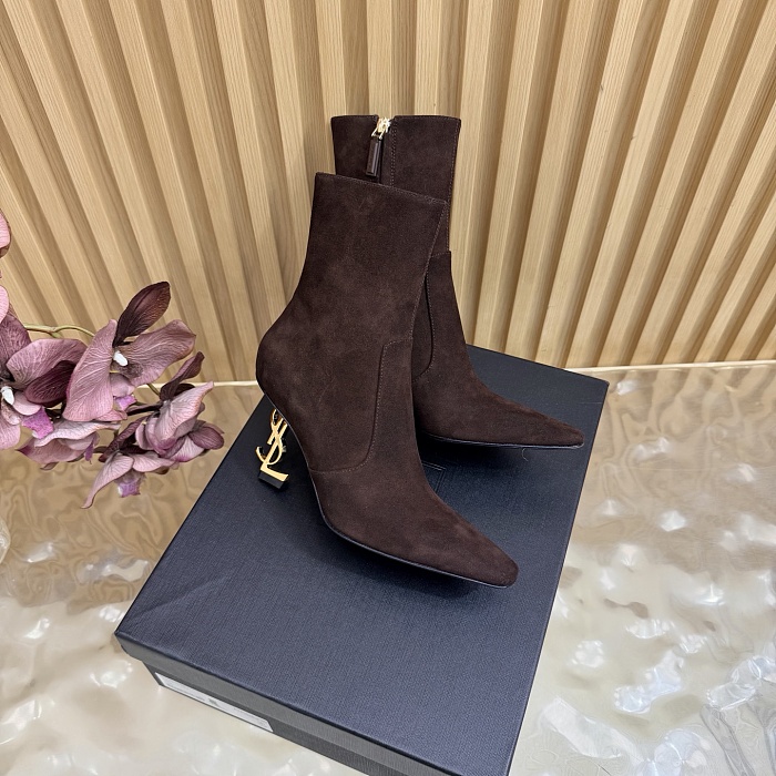 Pointed Toe Suede Heeled Ankle Boots With Metal Heel Detail