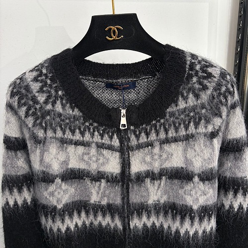 Contrast Jacquard Graphic Full Zip Knit Cardigan