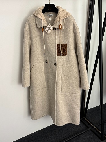 Faux Leather Patch Hooded Wool Blend Overcoat