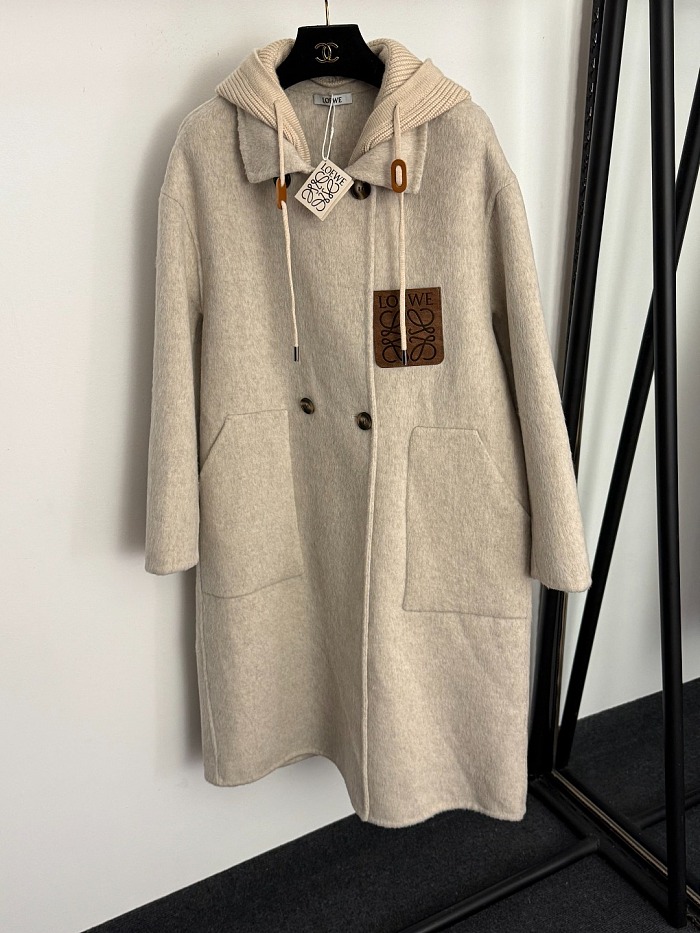 Faux Leather Patch Hooded Wool Blend Overcoat