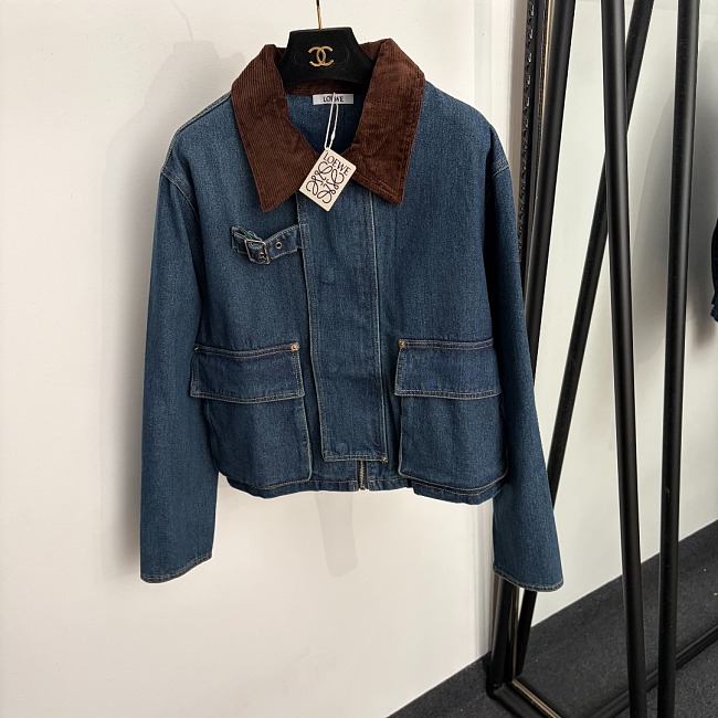 Cargo Pocket Contrast Corduroy Collar Long Sleeve Denim Jacket