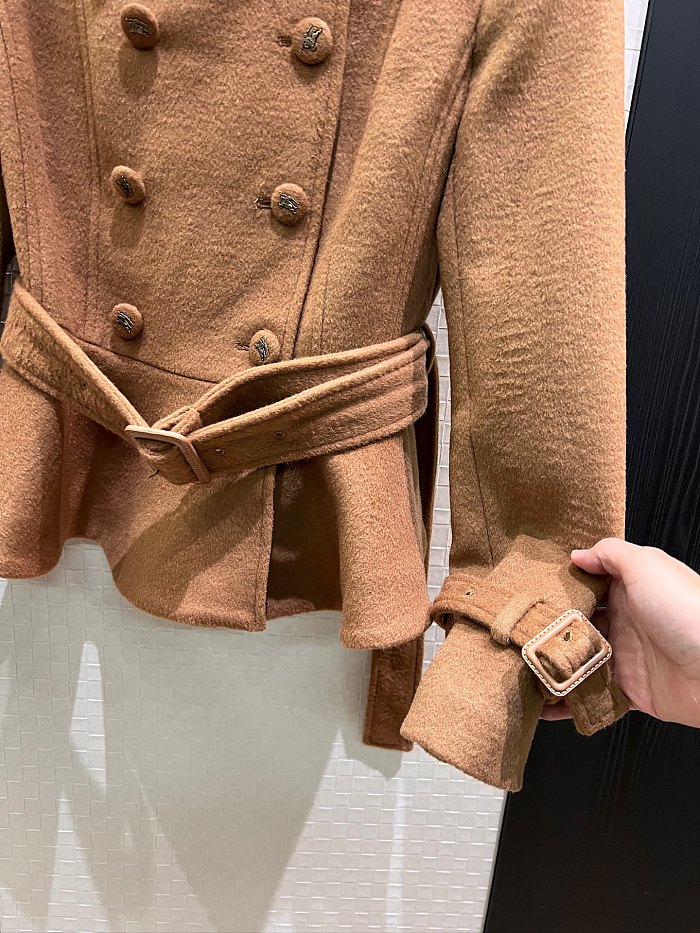 Double Breasted Belted Plaid Lined Peplum Woolen Crop Coat
