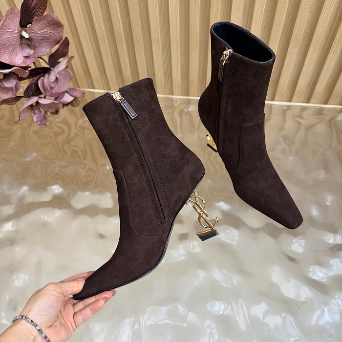 Pointed Toe Suede Heeled Ankle Boots With Metal Heel Detail