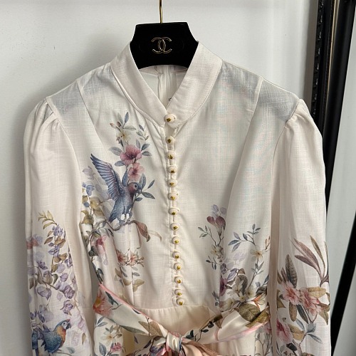 Floral Bird Print Tie Waist Lantern Sleeve Maxi Dress