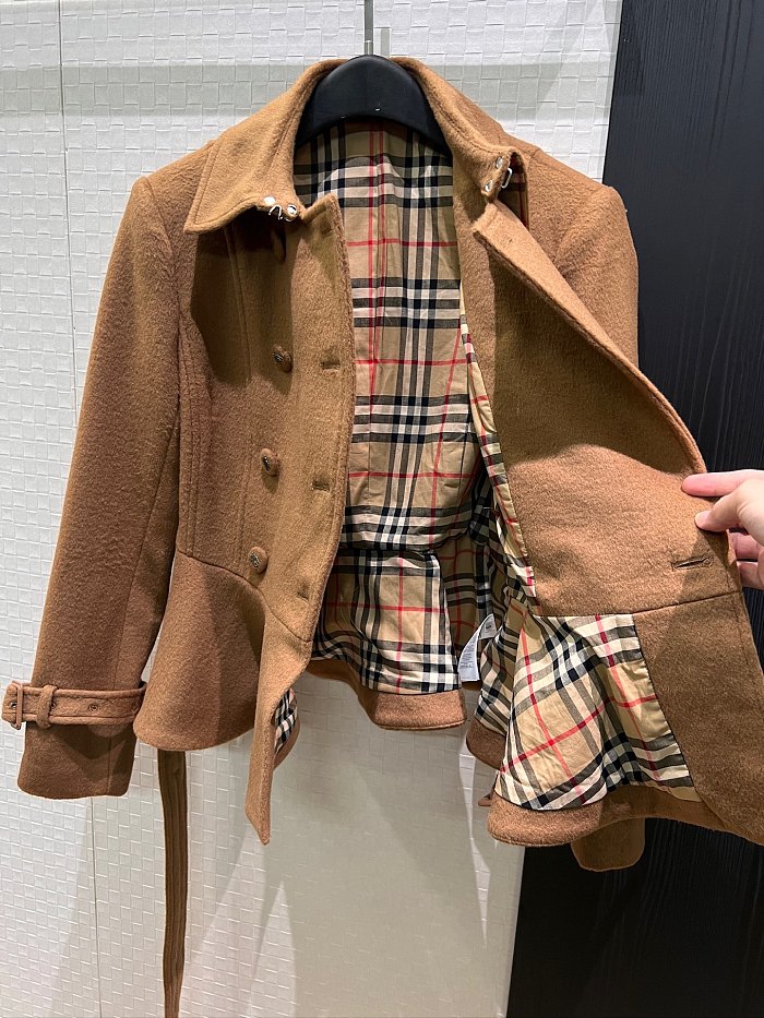 Double Breasted Belted Plaid Lined Peplum Woolen Crop Coat