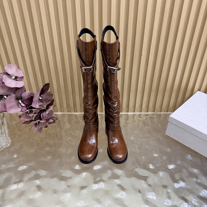 Brown Leather Slouchy Knee High Boots With Buckle Details