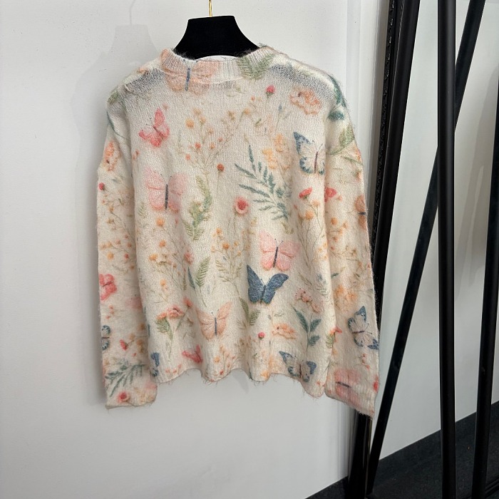 Beaded Letter Patch And Butterfly Print Pullover Knit Sweater