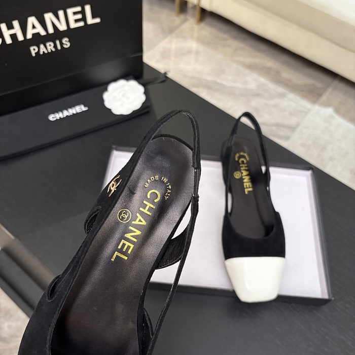 Black Suede Square Toe Slingback Pumps With White Cap Toe