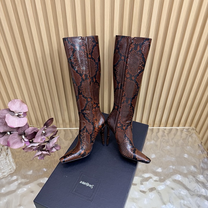 Snake Embossed Pointed Toe High Heel Boots