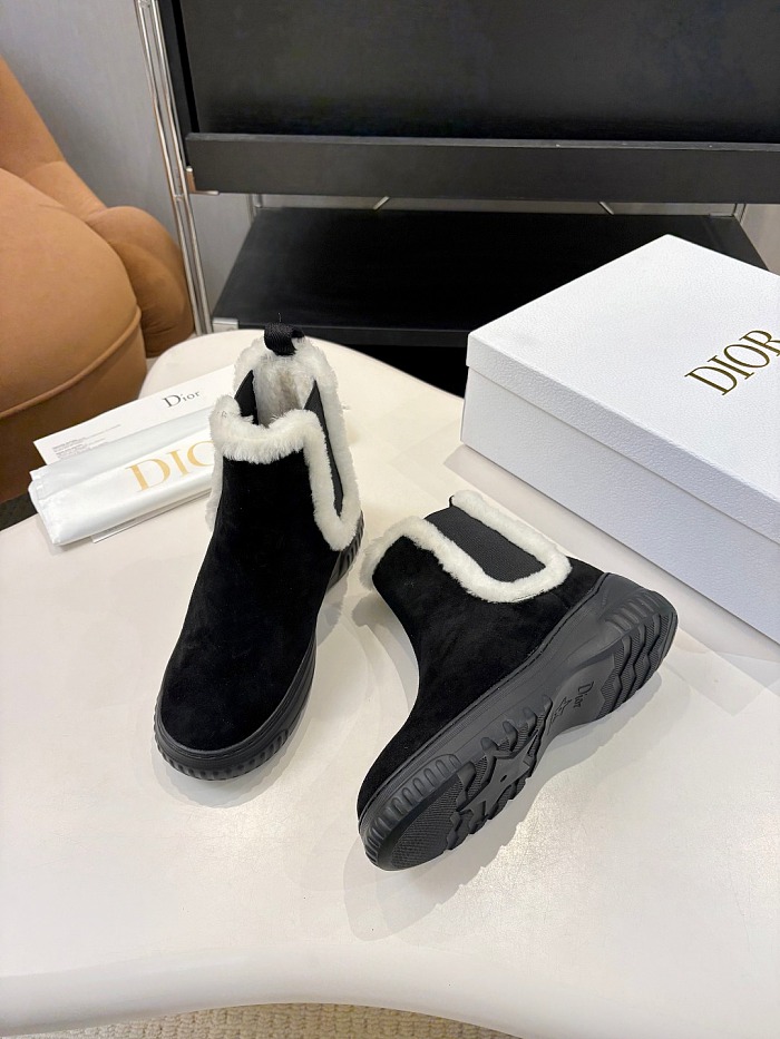 Black Suede Chelsea Boots With Shearling Trim And Chunky Sole
