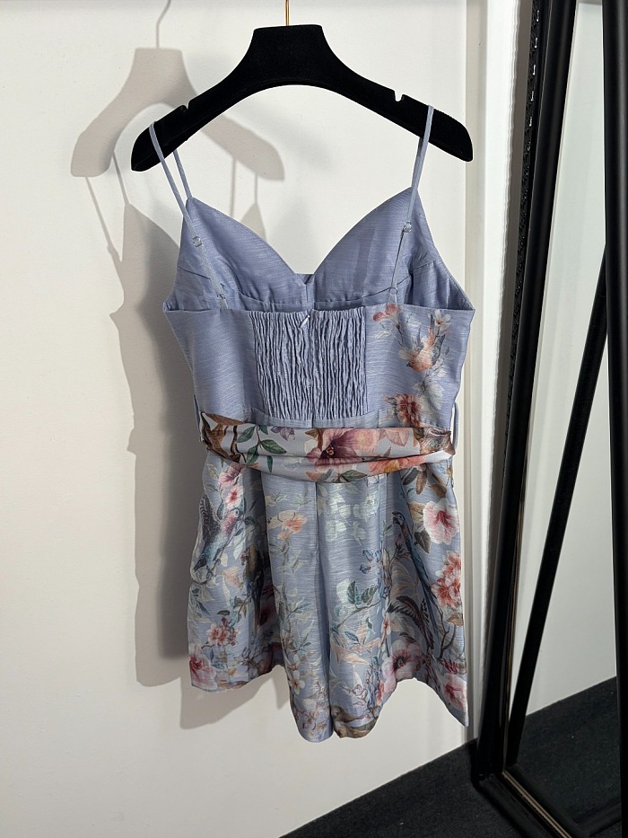 Vibrant Floral Bird Print Tie Waist Halter Romper