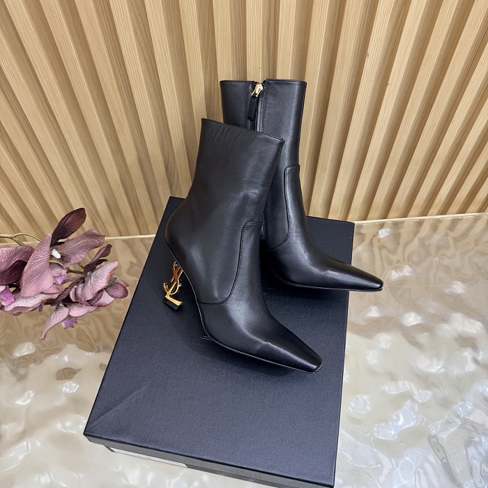 Black Pointed Toe Stiletto Heel Ankle Boots With Metal Heel