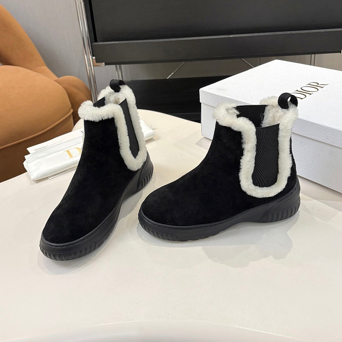 Black Suede Chelsea Boots With Shearling Trim And Chunky Sole