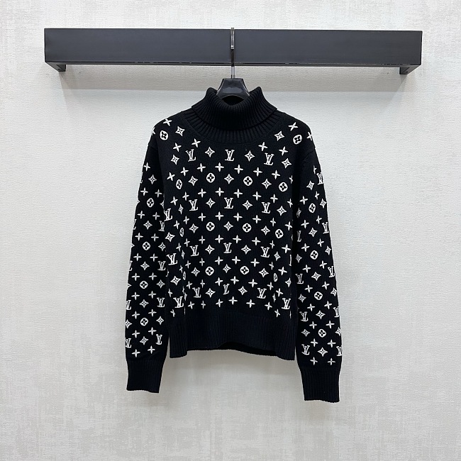 All-Over Embroidered Graphic High Neck Ribbed Knit Pullover Sweater