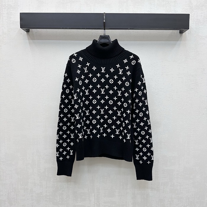 All-Over Embroidered Graphic High Neck Ribbed Knit Pullover Sweater