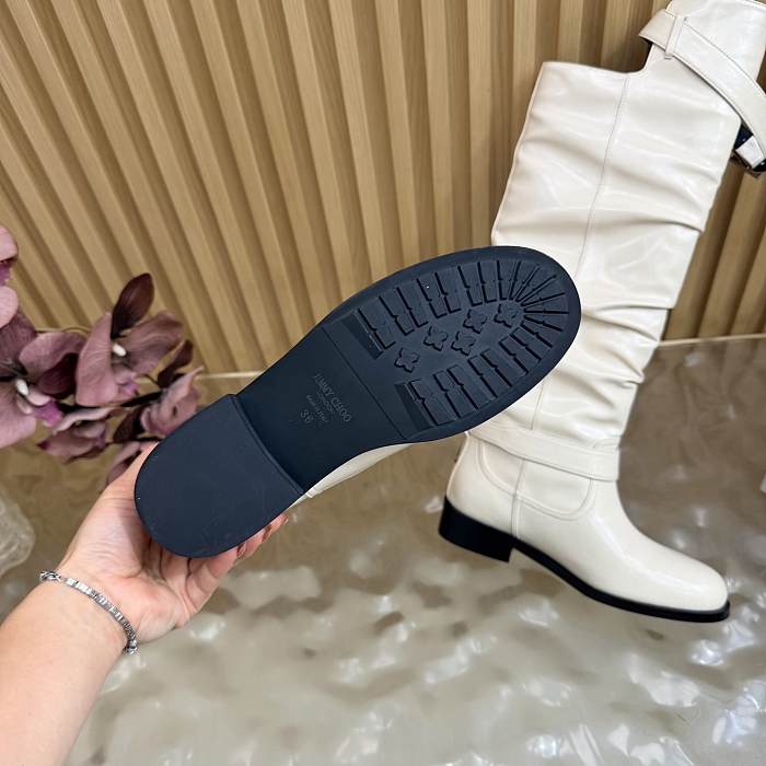 White Leather Buckled Knee High Boots With Chunky Heels