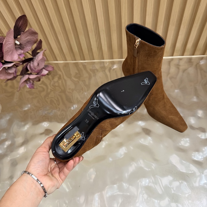 Pointed Toe Suede Heeled Ankle Boots With Metal Heel Detail
