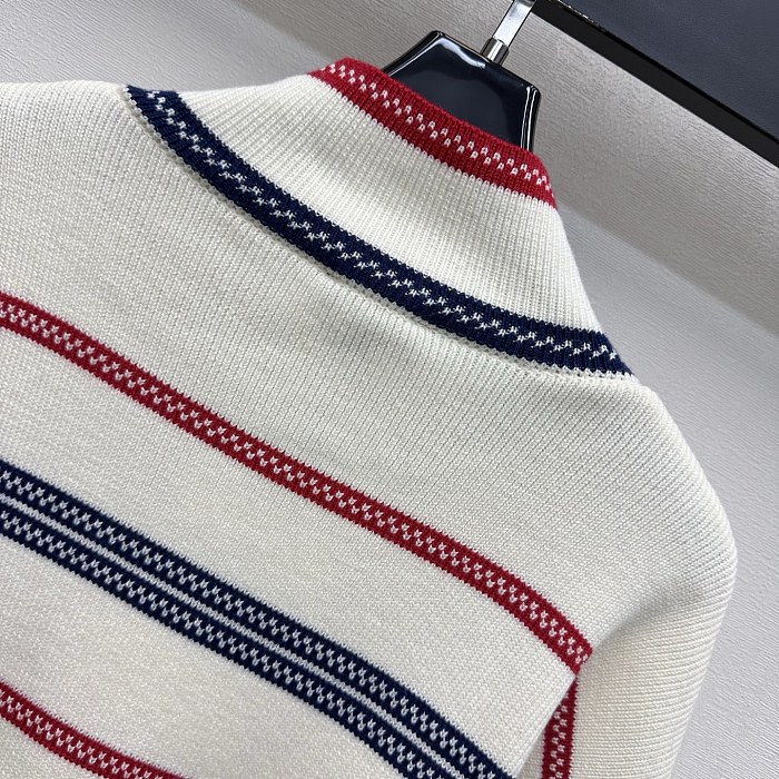 Contrast Striped Mock Neck Knit Sweater With Metal Button Detail