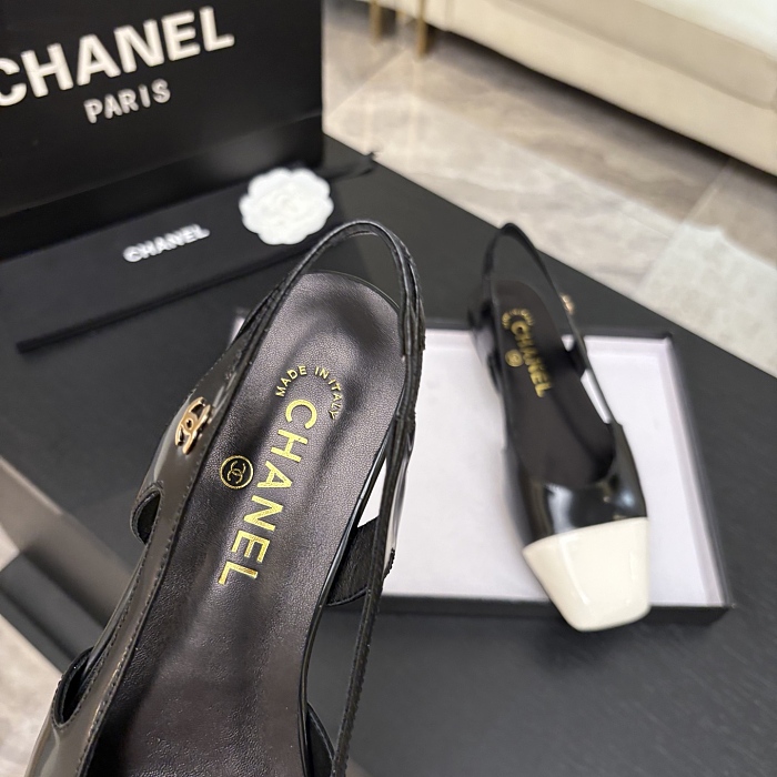 Black and White Cap Toe Slingback Flats With Back Strap
