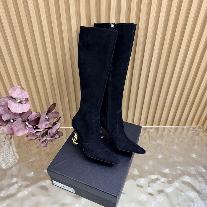 Pointed Toe Suede Heeled Boots With Metallic Accent
