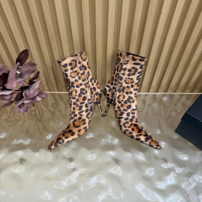 Leopard Print Calf Hair Pointed Toe Stiletto Heeled Ankle Boots