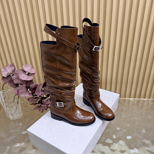 Brown Leather Slouchy Knee High Boots With Buckle Details