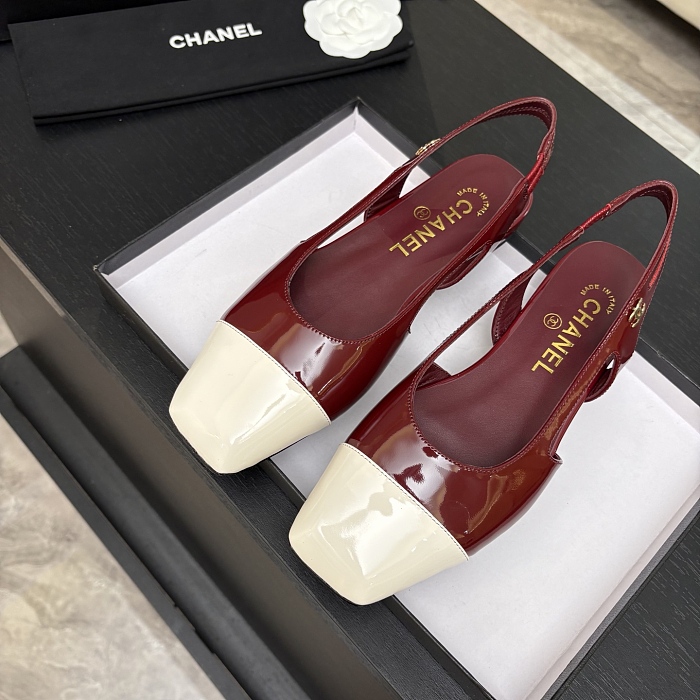 Burgundy And White Patent Leather Slingback Pumps With Low Heel