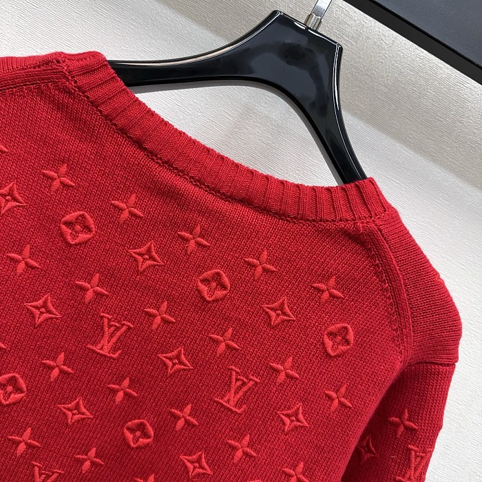 All-Over Embroidered Monogram Crew Neck Ribbed Knit Sweater