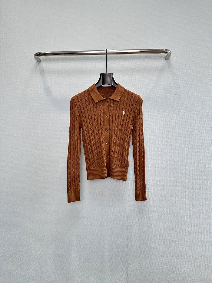 Preppy Cable Knit Cropped Polo Cardigan with Ribbed Trim