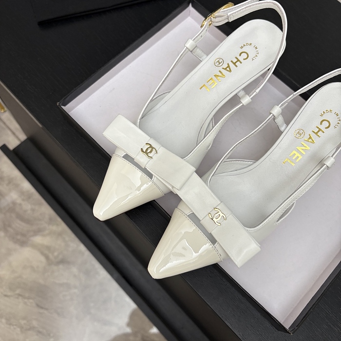 White Pointed Toe Bow Decorated Slingback Pumps