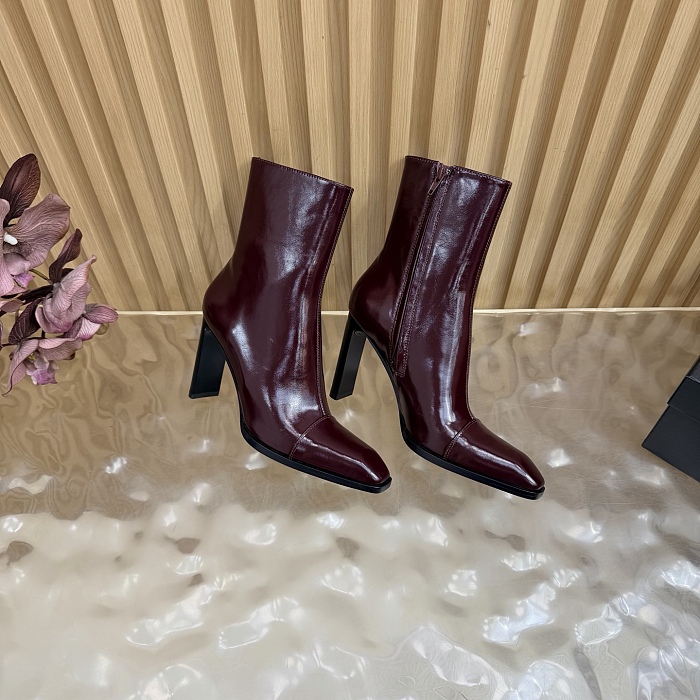 Burgundy Patent Leather Pointed Toe High Heel Ankle Boots