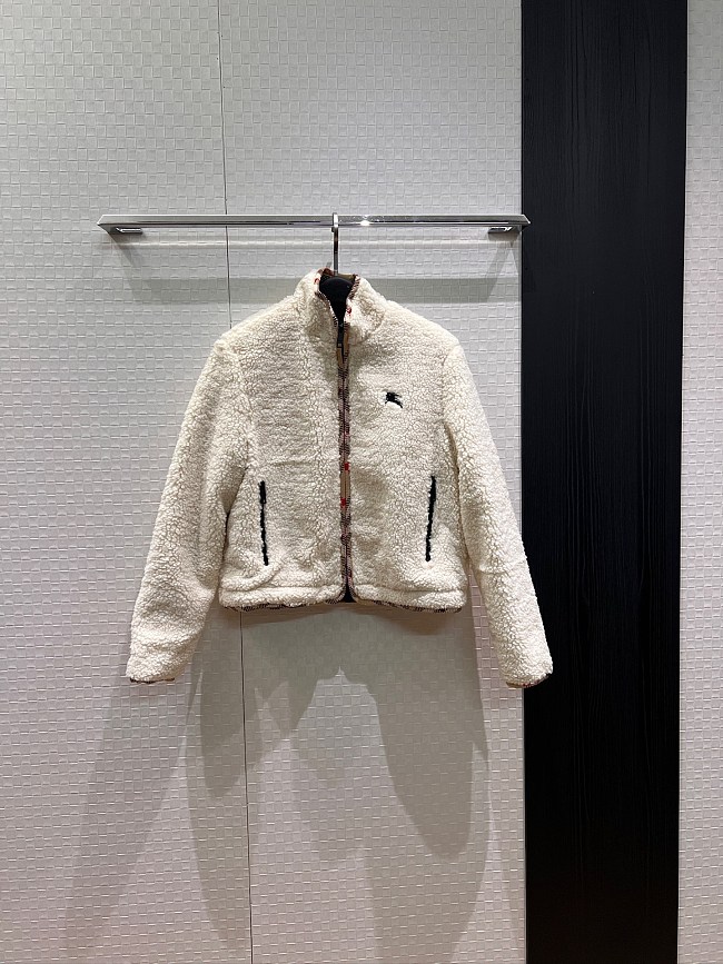 Embroidered Icon Detail Stand Collar Teddy Fleece Zip Up Jacket