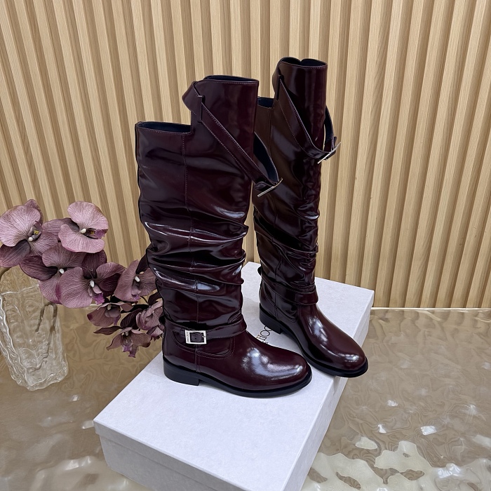 Burgundy Patent Leather Slouchy Knee High Boots With Buckle