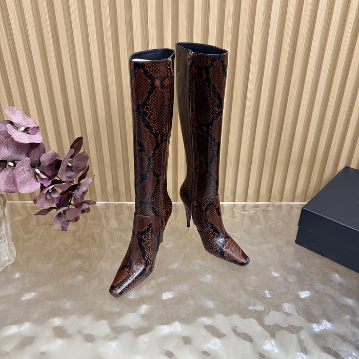 Snake Embossed Pointed Toe High Heel Boots