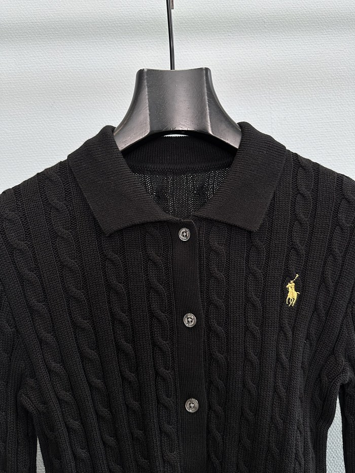Preppy Cable Knit Cropped Cardigan With Polo Collar