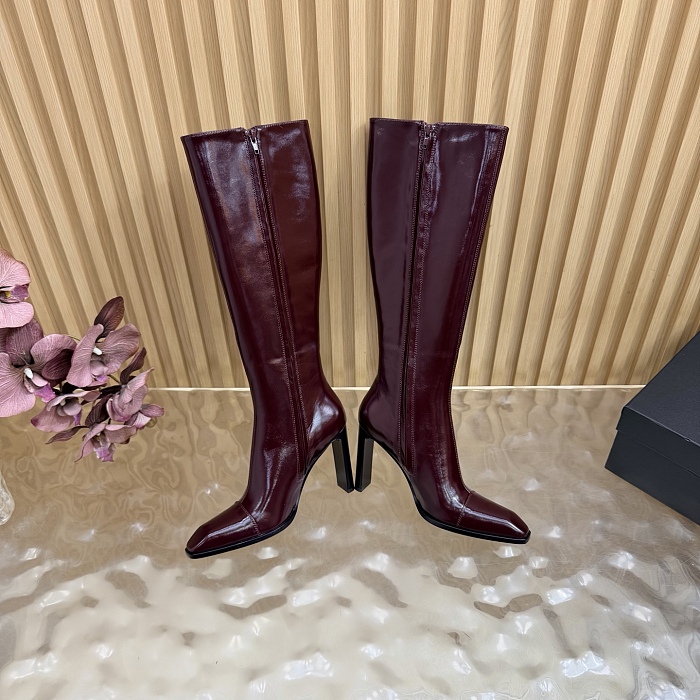 Burgundy Patent Leather Pointed Toe High Heel Knee High Boots