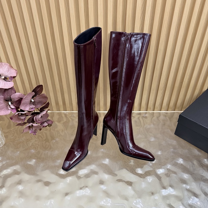 Burgundy Patent Leather Pointed Toe High Heel Knee High Boots