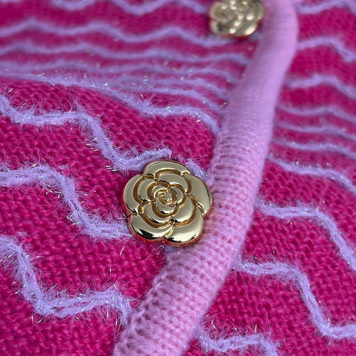 Scalloped Stripe V Neck Metallic Wool Blend Cardigan