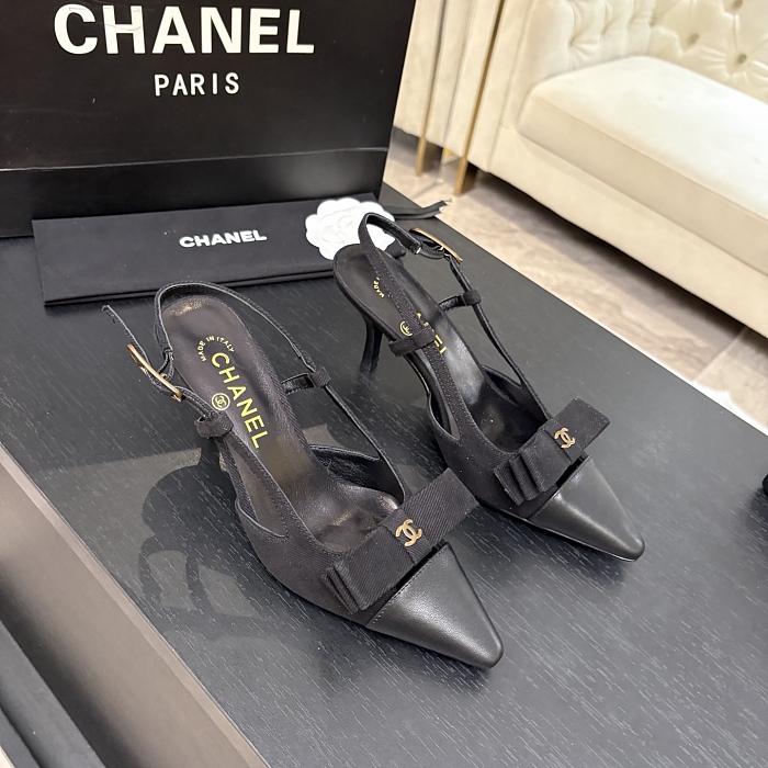 Black Pointed Toe Heeled Slingback Pumps With Bow Detail