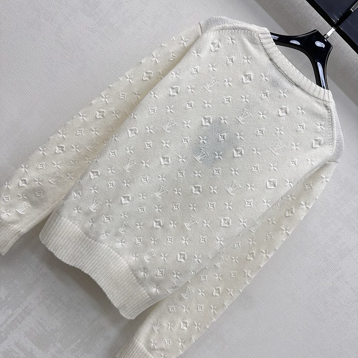 All-Over Monogram Embroidered Knit Crew Neck Sweater