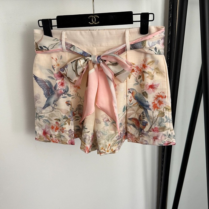 Floral Bird Print Ruffled Collar Long Sleeve Blouse And Tied Waist Shorts Set