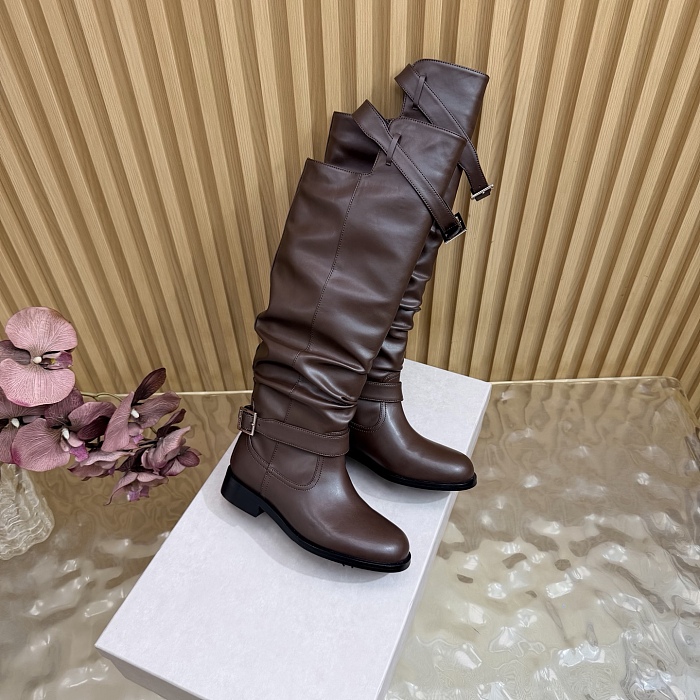 Brown Leather Knee High Boots With Buckle Straps