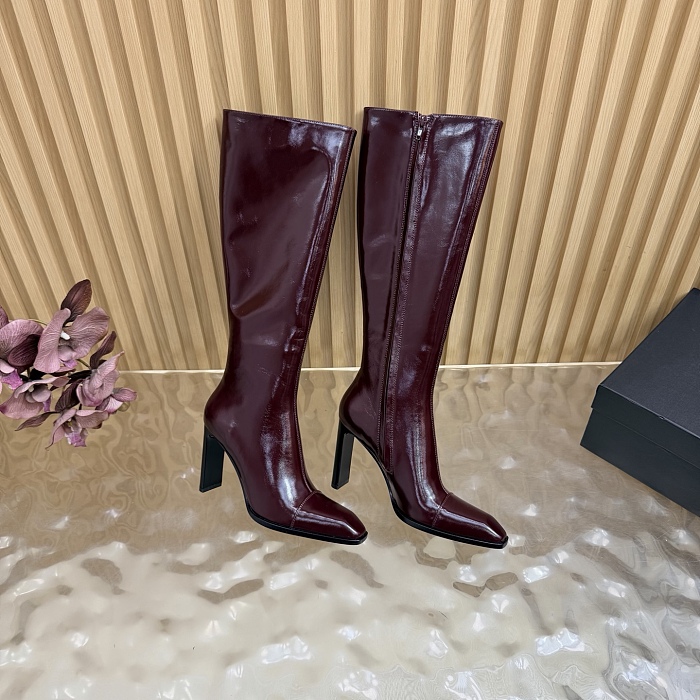 Burgundy Patent Leather Pointed Toe High Heel Knee High Boots