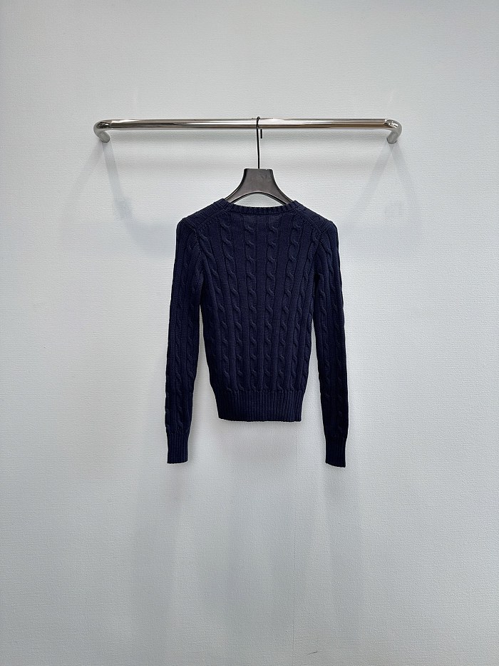 Preppy Cable Knit Ribbed Hem Crew Neck Cotton Sweater