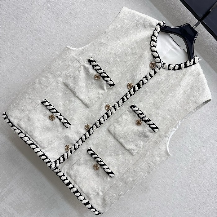 Textured Tweed Braided Trim Open Front Layering Vest