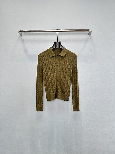 Preppy Cable Knit Cropped Polo Cardigan with Ribbed Trim