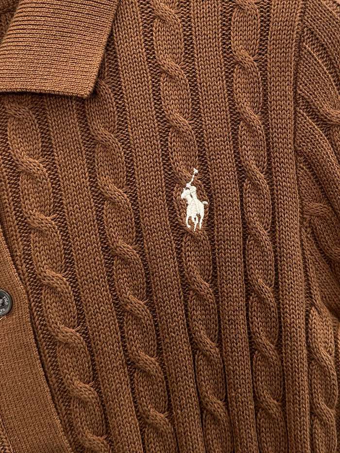 Preppy Cable Knit Cropped Polo Cardigan with Ribbed Trim