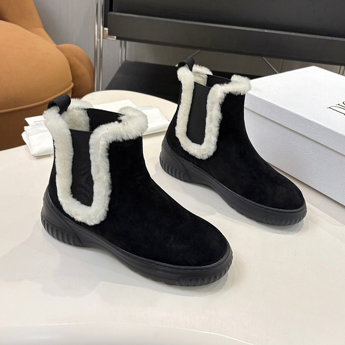 Black Suede Chelsea Boots With Shearling Trim And Chunky Sole